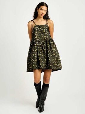 ELIZA FAULKNER amy dress golden jacquard floral babydoll party festive size L